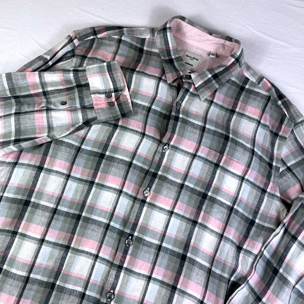 Baird McNutt Linen Murano Plaid Button Down Shirt Men's XL‎ Pink Gray White